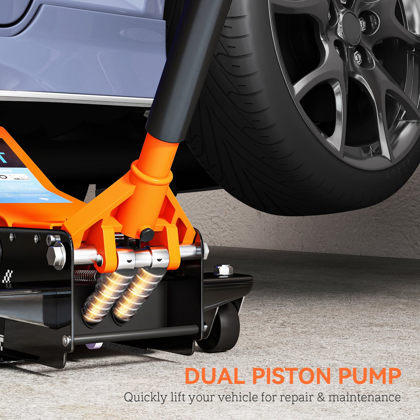 HOMCOM 2.5 Ton Hydraulic Low-Profile Floor Jack, with 7.5-47cm Lifting Range, Wheels, Orange