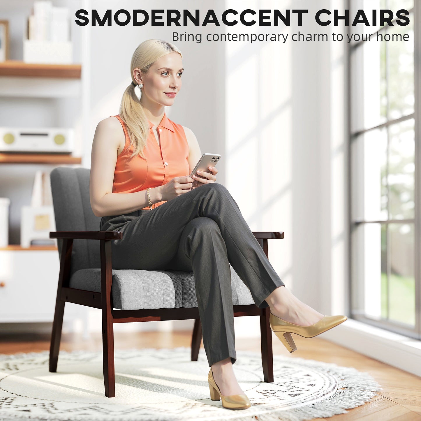 HOMCOM Mid Century Accent Chair, with Wooden Legs - Grey