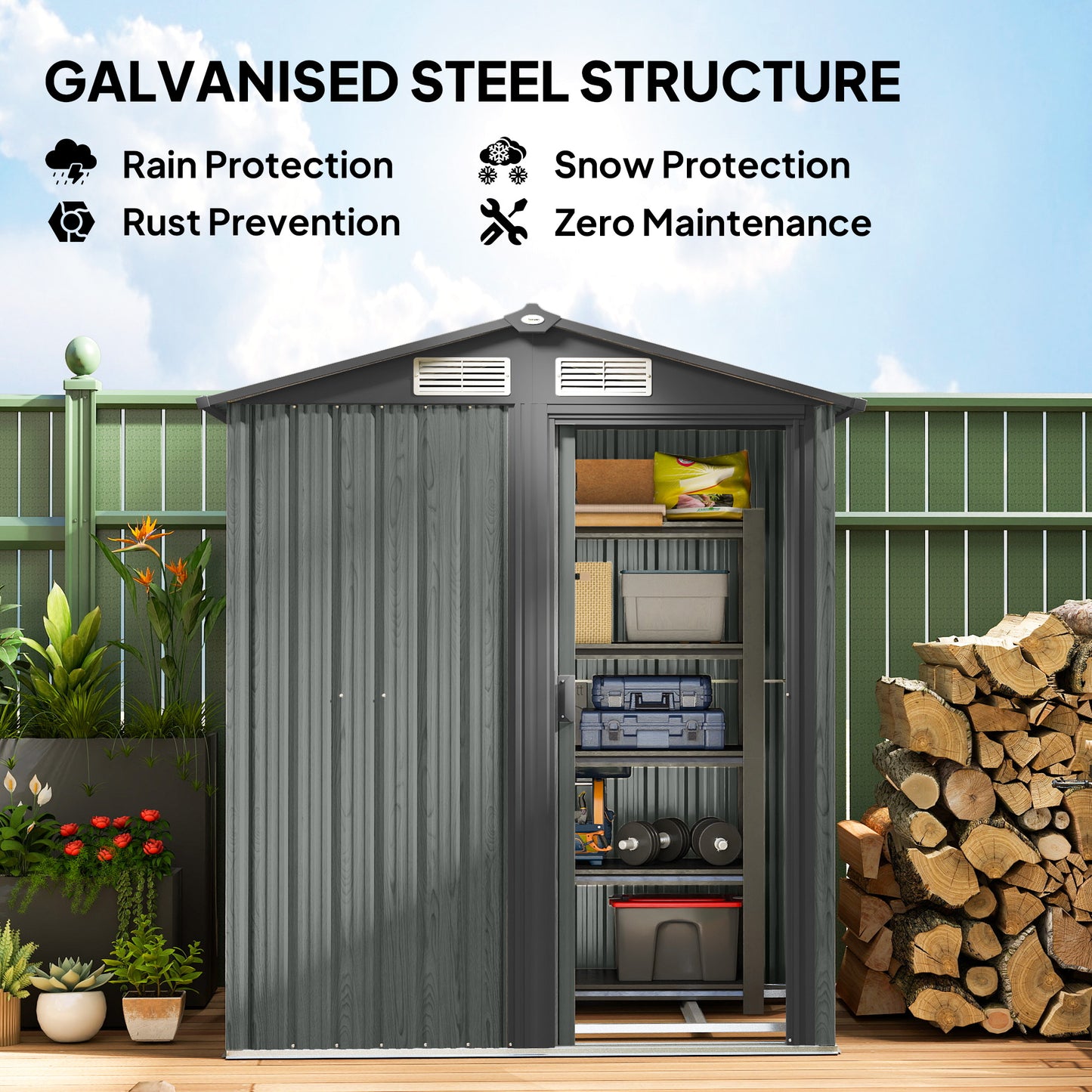 Outsunny 4.3 x 5ft Outdoor Garden Storage Shed - Grey Wood Effect