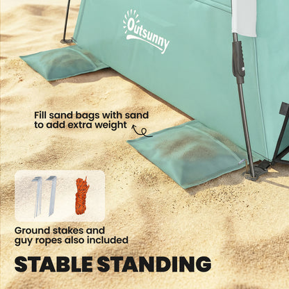 Outsunny 2-3 Person Pop Up Beach Tent, UPF15+ Sun Shelter with Extended Floor, Sandbags, Mesh Windows and Carry Bag, Green