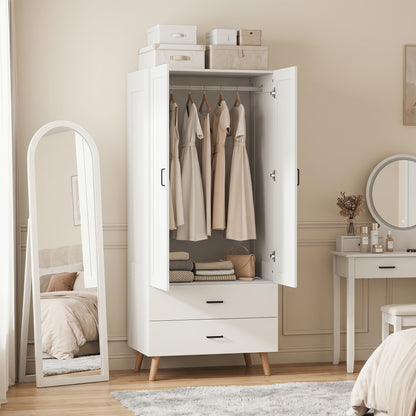 HOMCOM 2-Door Wardrobe, Modern Wardrobe with 2 Drawers and Hanging Rail for Bedroom, White