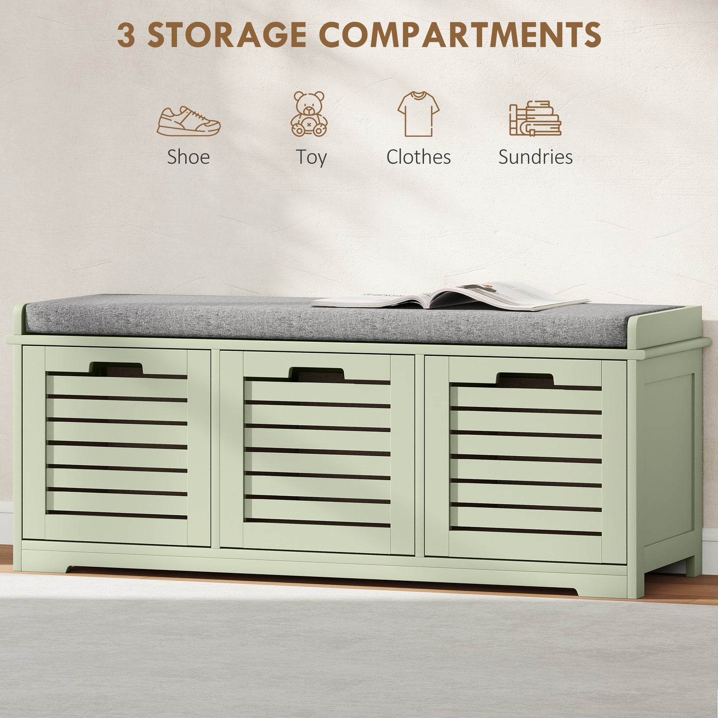 HOMCOM 3-Drawer Shoe Storage Bench with 160kg Capacity & 3 fully pull-out drawers - Green
