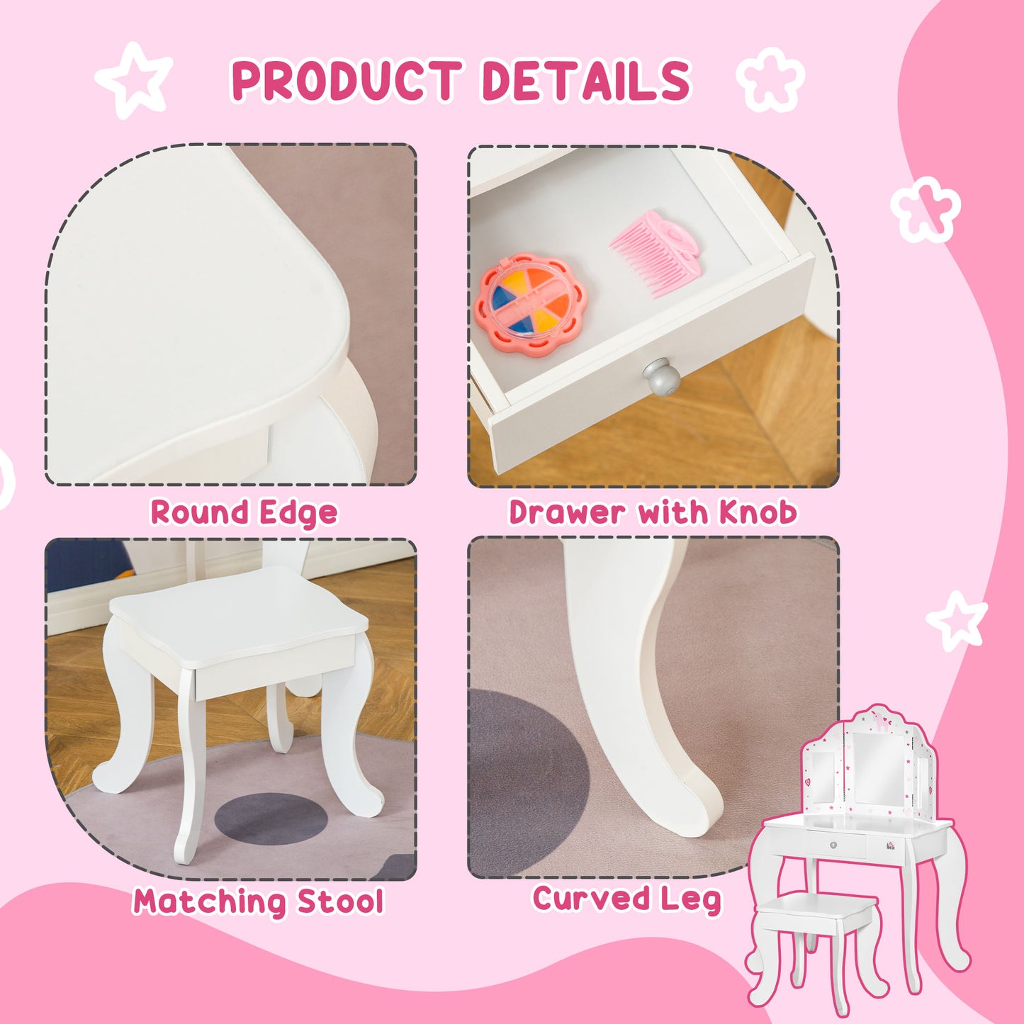 HOMCOM Kids Vanity Table and Chair Set with Tri-Folding Mirror and Stool, Makeup Dressing Table with Drawer, White