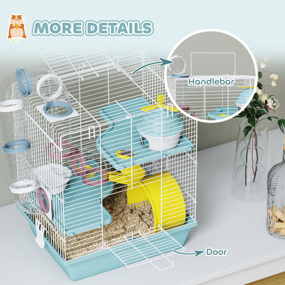 PawHut 3-Level Hamster Cage with Exercise Wheel, Water Bottle, Food Bowl, for Dwarf Hamsters, 34.5 x 27.5 x 41 cm, Blue