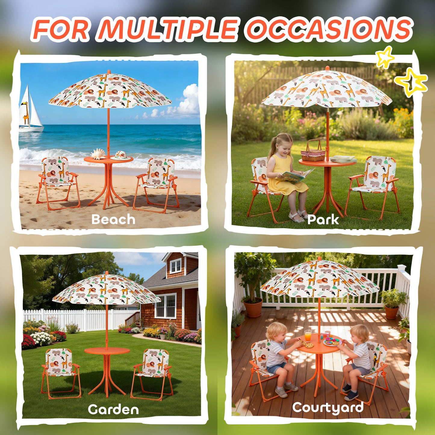 AIYAPLAY Kids Patio Set, Children Table and Chair Set, Outdoor Picnic Table with 2 Folding Chairs and Umbrella, Orange--ChewyGames-ChewyGames