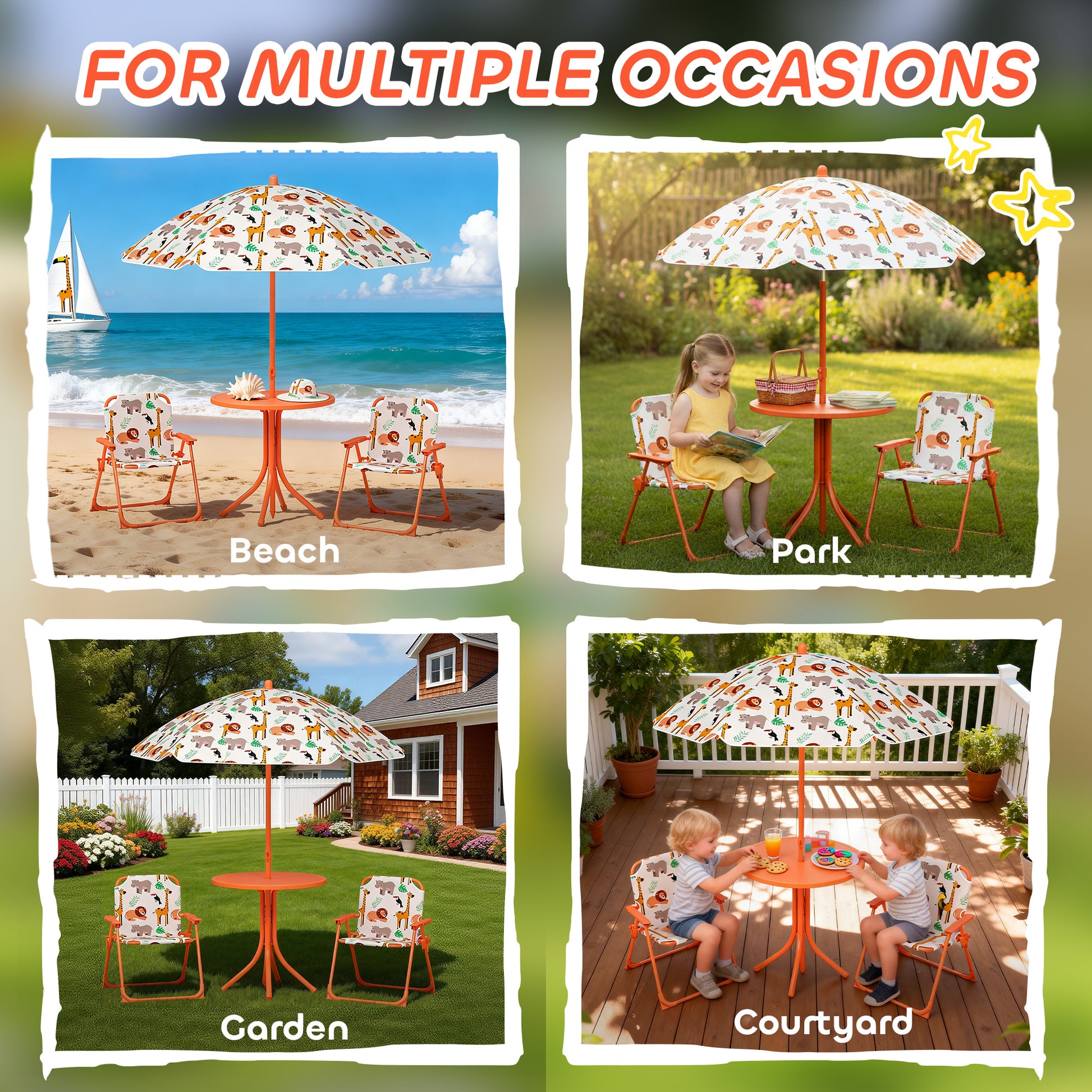 AIYAPLAY Kids Patio Set, Children Table and Chair Set, Outdoor Picnic Table with 2 Folding Chairs and Umbrella, Orange--ChewyGames-ChewyGames