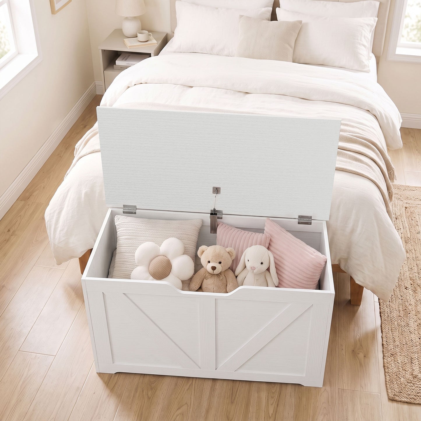 HOMCOM 100L Home Storage Box, with Safety Hinge - White Wood-Effect