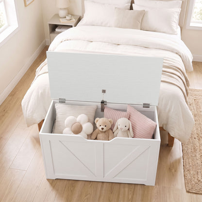 HOMCOM 100L Home Storage Box, with Safety Hinge - White Wood-Effect
