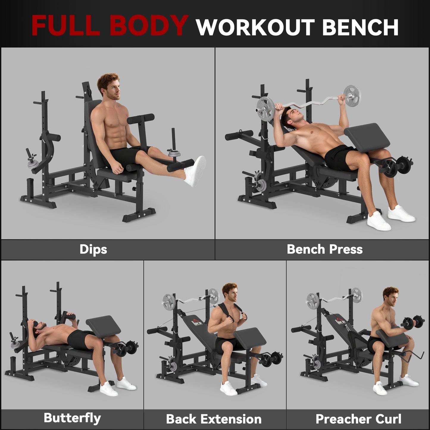 HOMCOM Weight Bench, 6 in 1 Adjustable Bench Press with Leg Extension, Barbell Rack, Preacher Curl Pad, Resistance Band, Multi-Function Home Gym Equipment for Strength Training Weightlifting