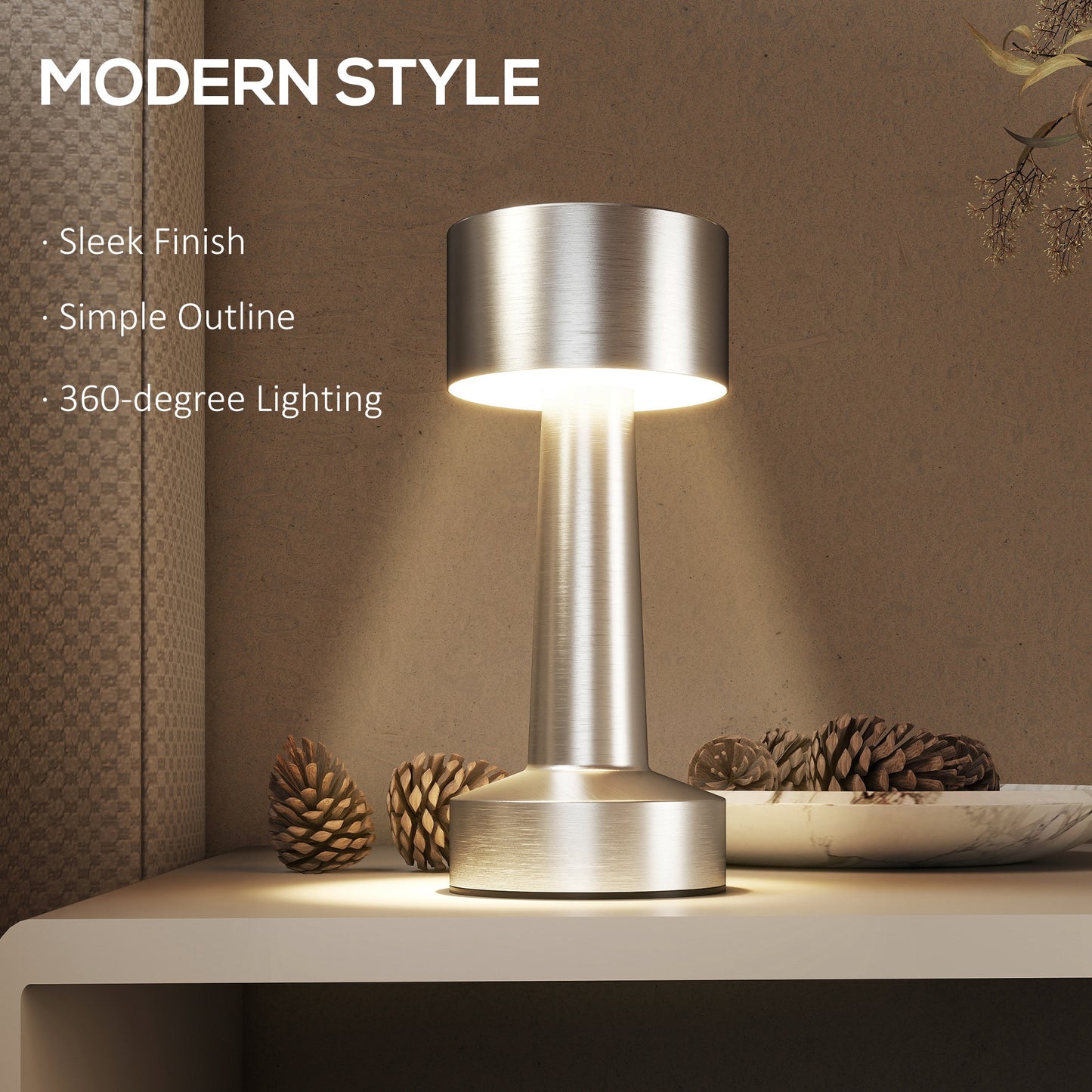 HOMCOM Cordless Table Lamp, Touch LED Desk Lamp with Rechargeable Battery, 3 Colour, for Bedroom Living Room, Silver