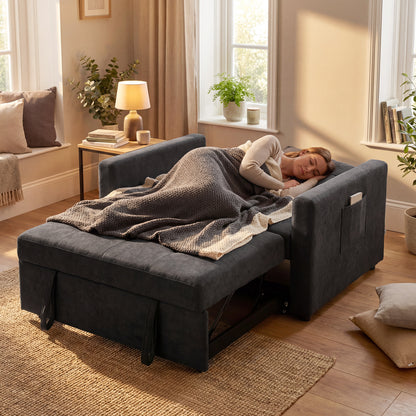 HOMCOM Loveseat Sofa Bed, Convertible Bed Settee with 2 Pillows, Side Pockets, Black