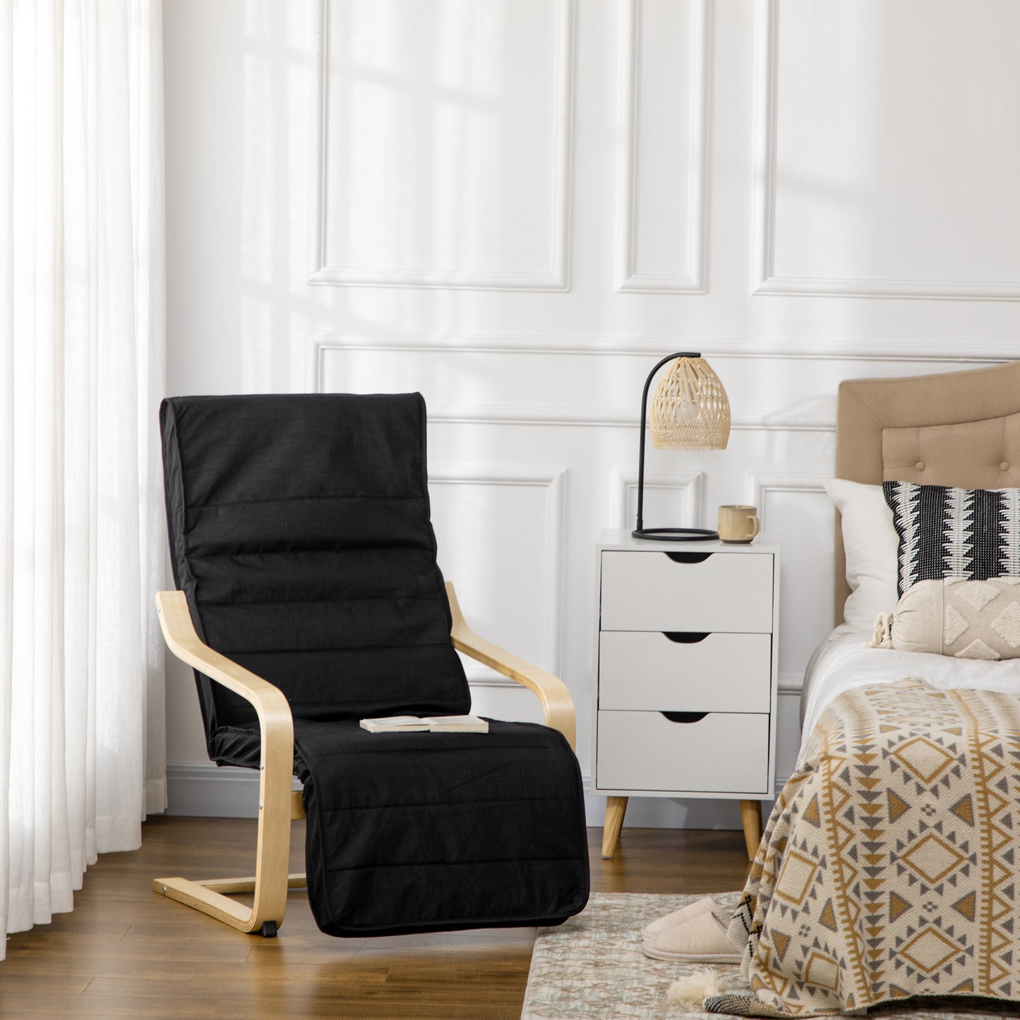 HOMCOM Wooden Armchair, Upholstered Linen Lounge Chair with Adjustable Footrest & Removable Cushion, Poang Chair for Living Room, Black