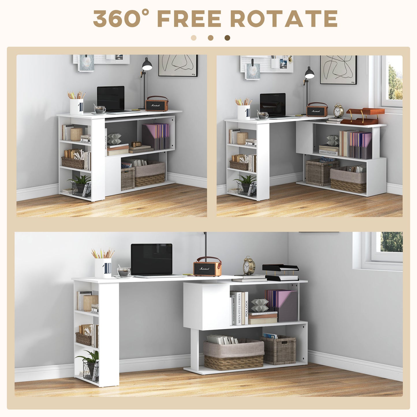HOMCOM Corner Computer Desk, L Shaped Desk with 360° Rotating Bookshelf, 120L x 110W x 74.5H cm, White