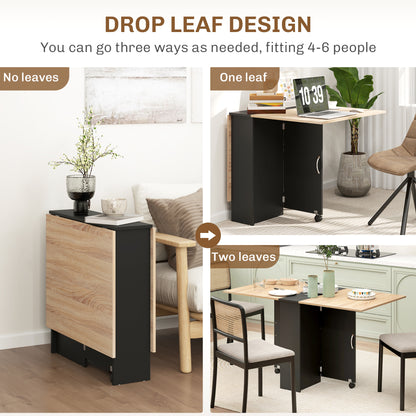 HOMCOM 80-140 cm Folding Dining Table for 4-6 People, Drop Leaf Table with 2-Tier Shelves, Rolling Casters, for Small Spaces, Kitchen, Flat, Dining Room, Oak and Black