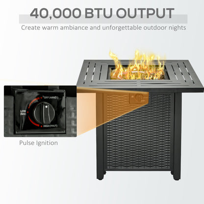 Outsunny Square Propane Gas Fire Pit Table, 40000 BTU Rattan Smokeless Firepit Patio Heater with Protective Cover, Glass beads and Lid, 71cm x 71cm x 63cm, Black