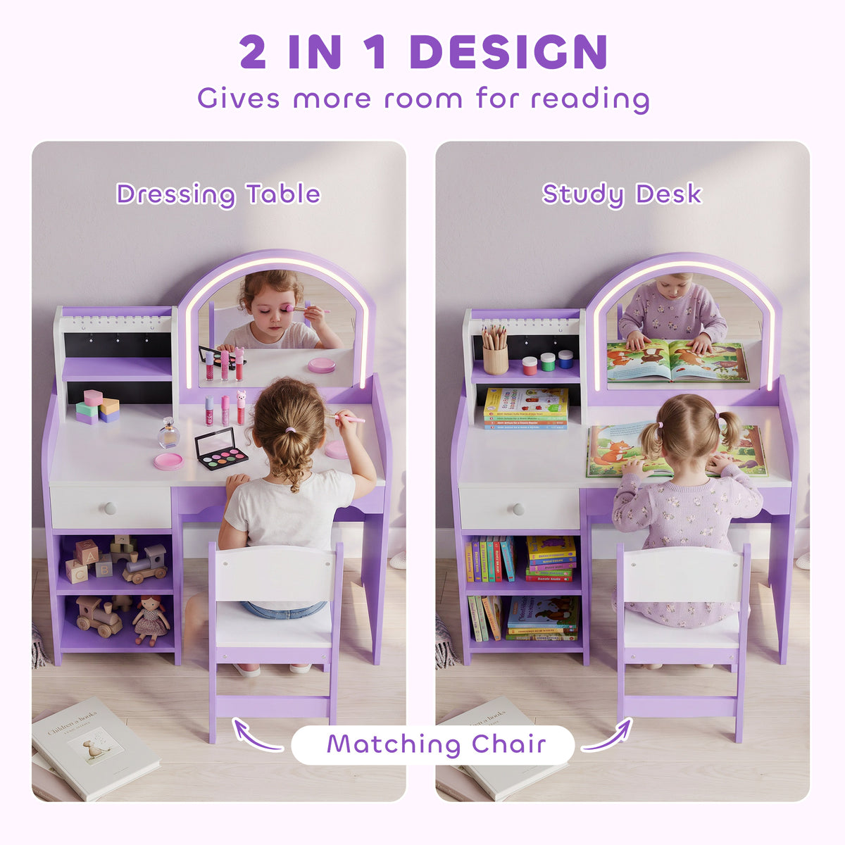 AIYAPLAY Kids Vanity Set, Girls Dressing Table with Stool, 2-Colour Lights Mirror, Pretend Dresser Gift for Ages 3-8, Purple