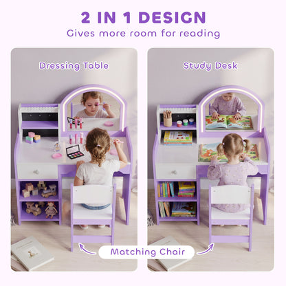 AIYAPLAY Kids Vanity Set, Girls Dressing Table with Stool, 2-Colour Lights Mirror, Pretend Dresser Gift for Ages 3-8, Purple
