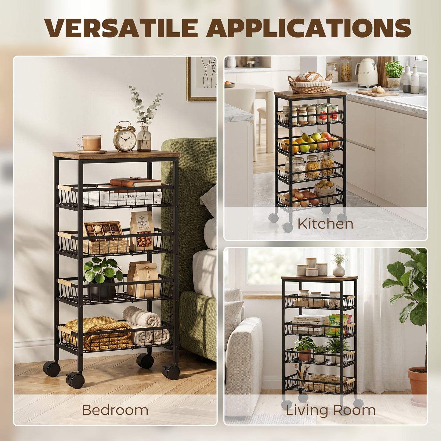 HOMCOM Metal Kitchen Trolley, 4-Tier Storage Trolley with Pull-Out Baskets and 4 Swivel Casters for Kitchen, Rustic Brown