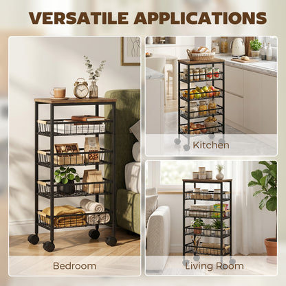 HOMCOM Metal Kitchen Trolley, 4-Tier Storage Trolley with Pull-Out Baskets and 4 Swivel Casters for Kitchen, Rustic Brown