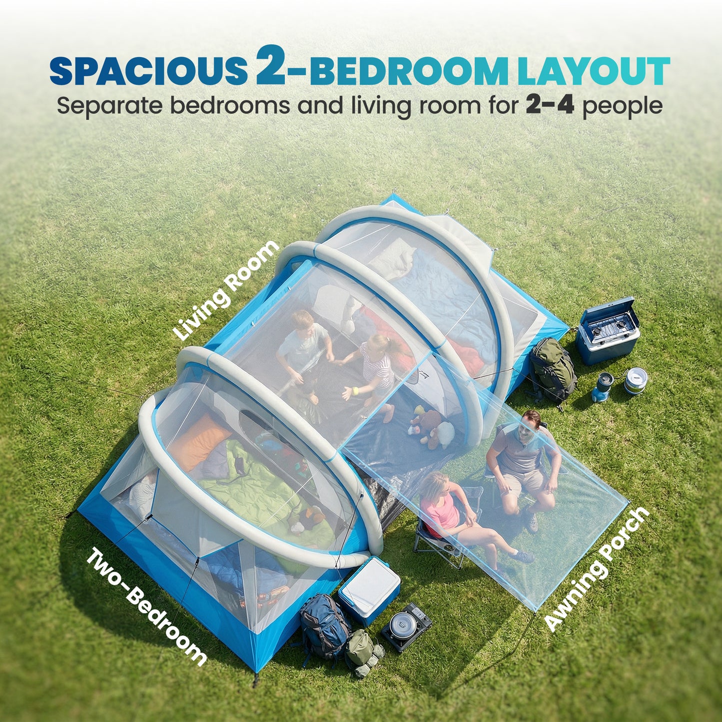 Outsunny Inflatable Tent 2 Bedroom 3000mm Waterproof Windproof Air Tent with Carry Bag for 4 Person