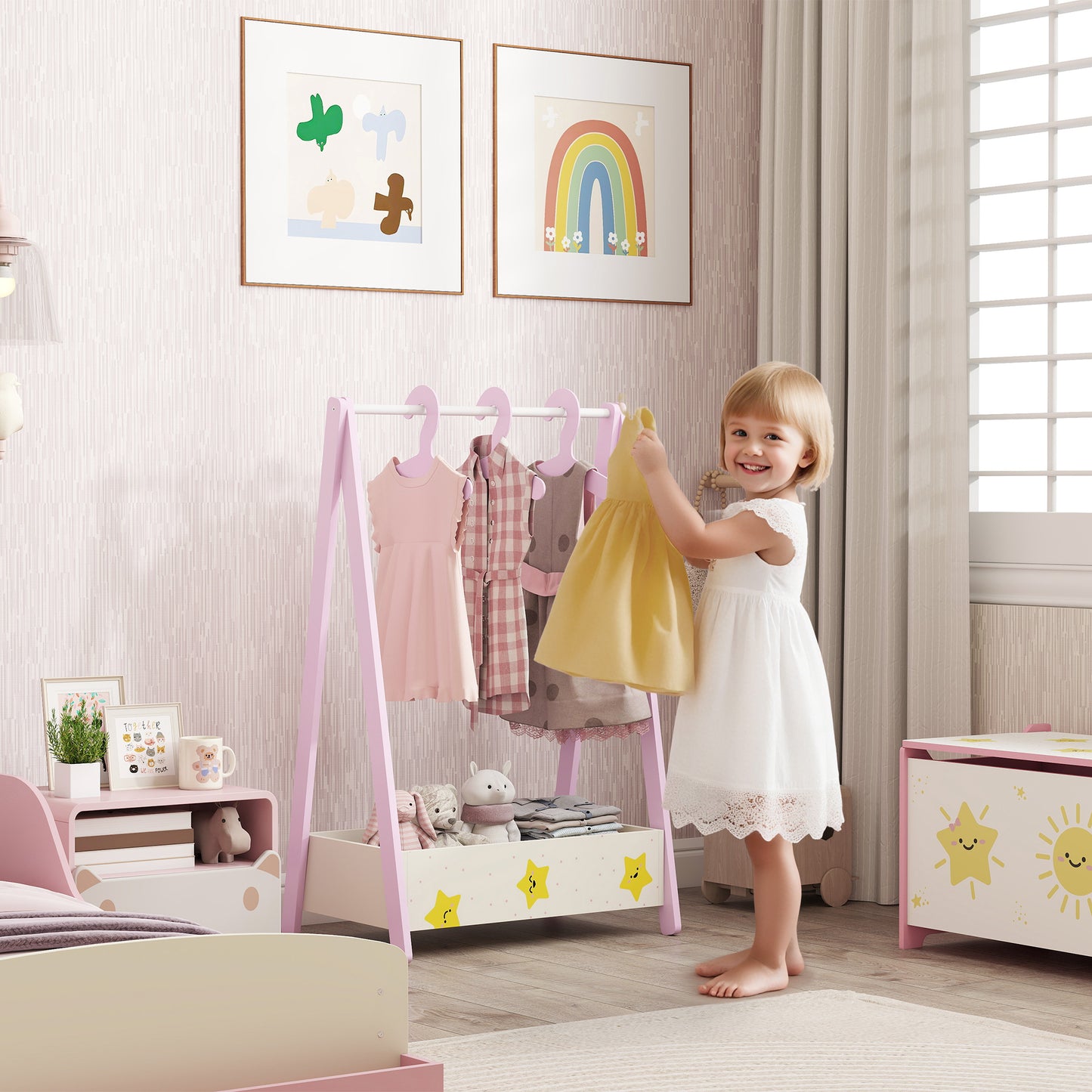 AIYAPLAY Baby Clothing Rack with Hangers, Storage Shelf for Bedroom, Star Theme, for Ages 3-6, Pink