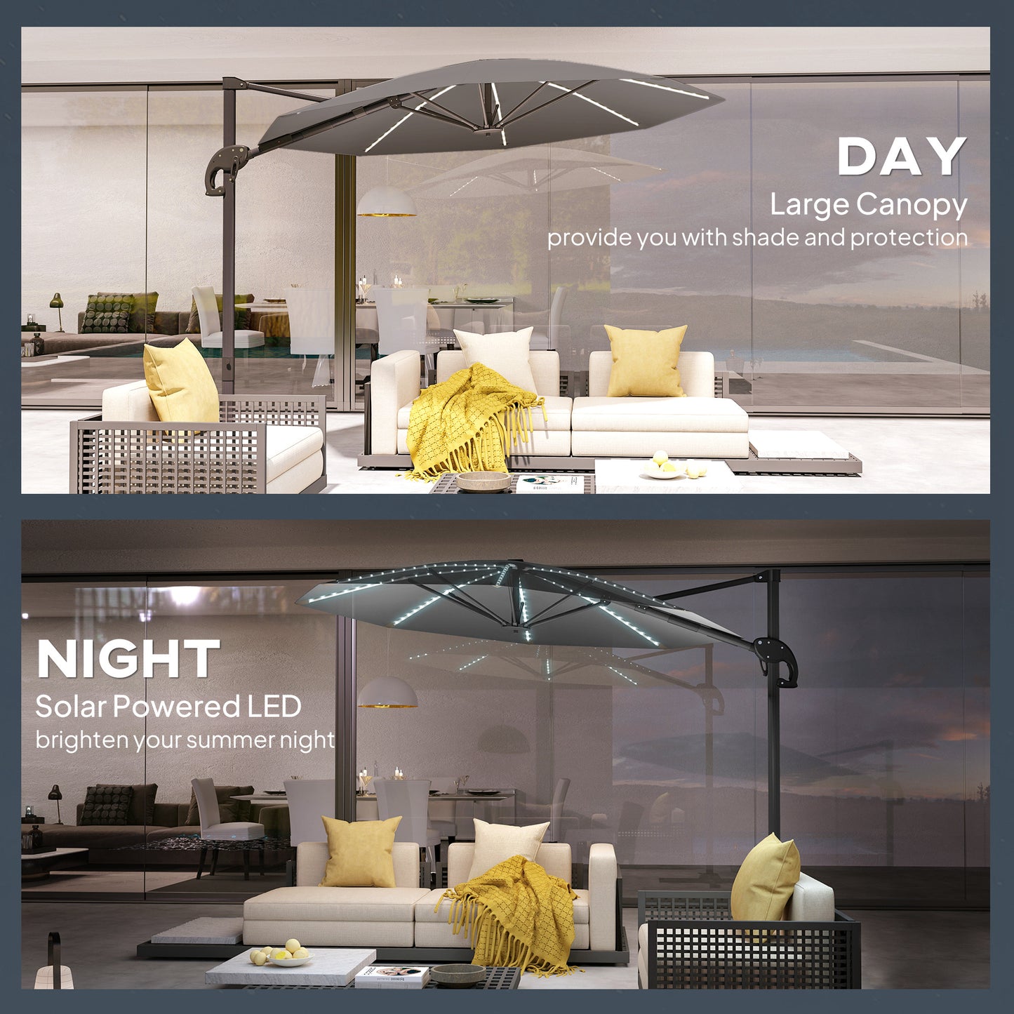Outsunny 3(m) Cantilever Garden Parasol with Solar Powered Lights, Crank Handle & Cross Base, UPF 50+, 360° Rotation, Dark Grey
