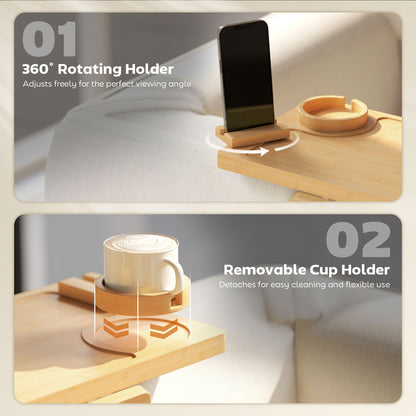 HOMCOM Anti-Slip Sofa Armrest Tray, Bamboo Sofa Arm Tray with 360° Phone Holder and Removable Cup Holder, Natural