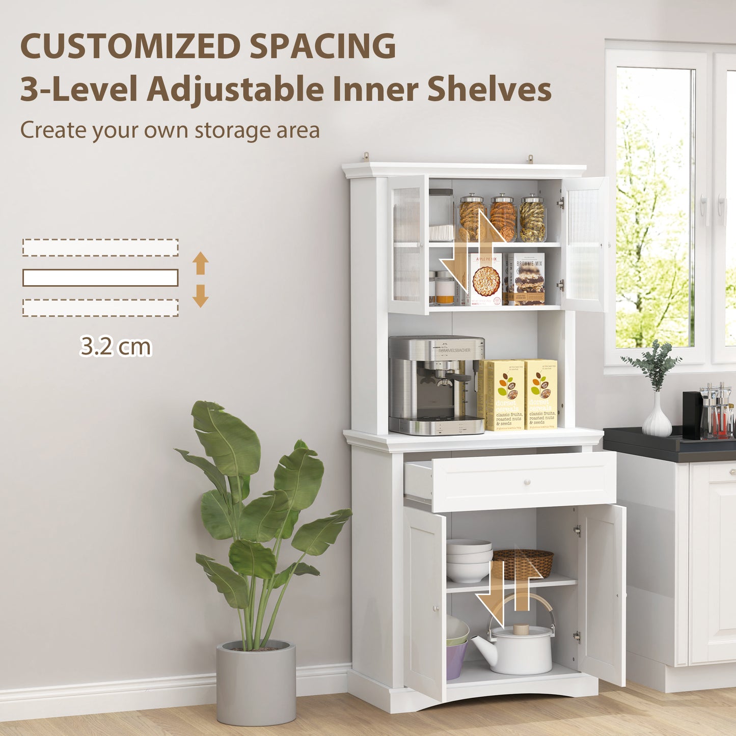 HOMCOM 4-Door Kitchen Cupboard with Drawer, Freestanding Kitchen Cabinet with Glass Doors, Adjustable Shelves and Open Counter, White