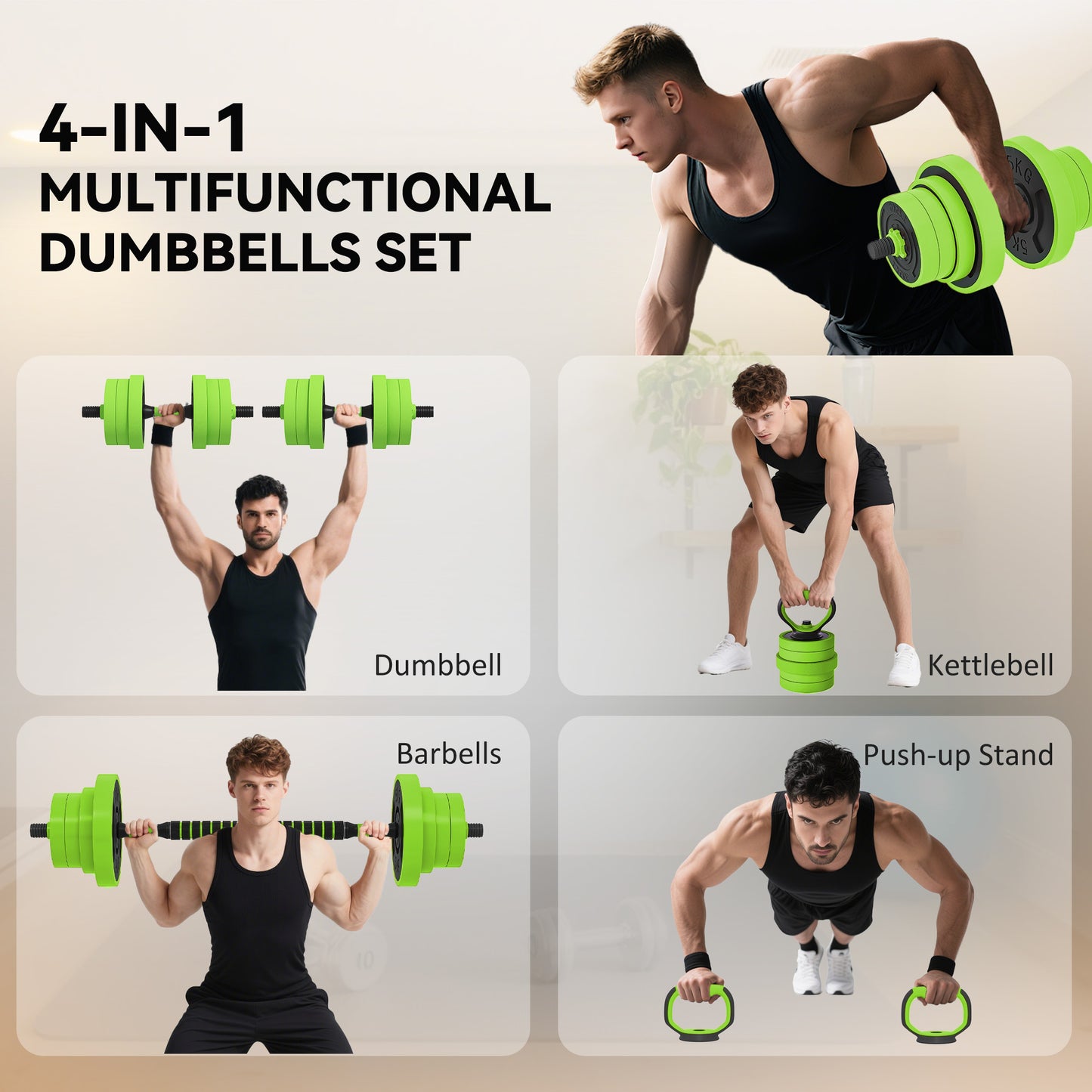 SPORTNOW 40kg 4-In-One Adjustable Weight Dumbbells Set, Barbell, Kettlebell, Push Up Stand - Green