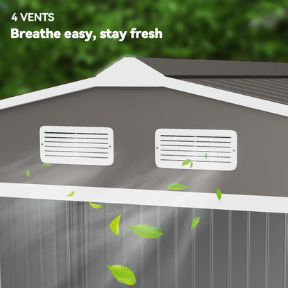 Outsunny 9 x 6FT Outdoor Garden Roofed Metal Storage Shed Tool Box with Foundation Ventilation & Doors Light, Grey