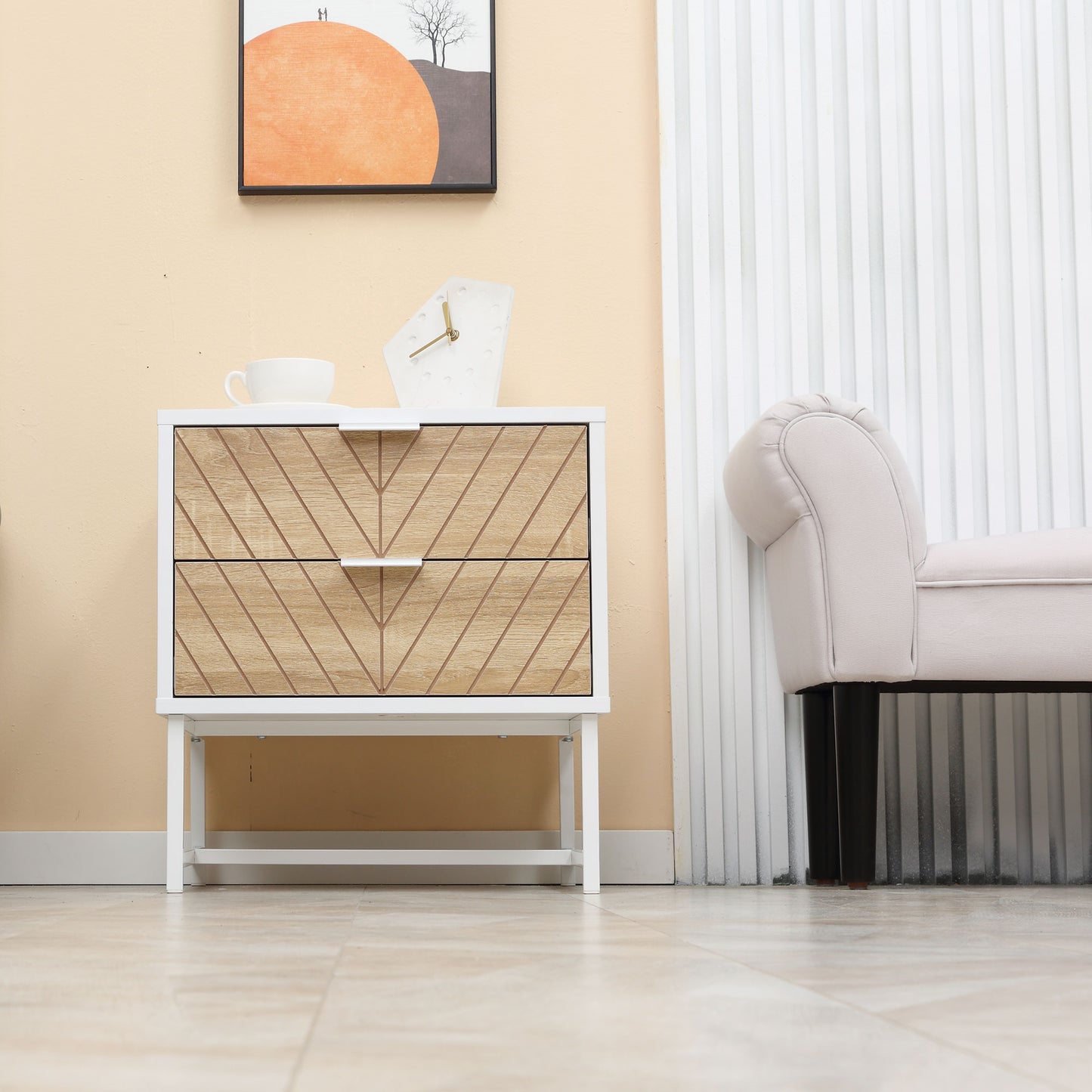 HOMCOM Modern Bedside Table with 2 Drawers and Metal Frame, Sofa Side Table for Bedroom Living Room, White and Oak