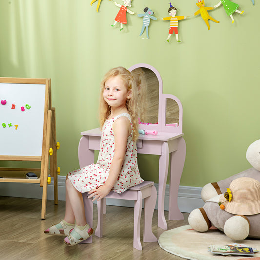 HOMCOM Kids Dressing Table Set, with Mirror and Drawer - Pink--ChewyGames-ChewyGames