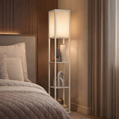HOMCOM 3-Tier Floor Lamp with Shelves and Storage, Modern Corner Standing Lamp with Lampshade, Reading Light with Foot Switch for Living Room, Bedroom, Home Office, Bulb not Included, White