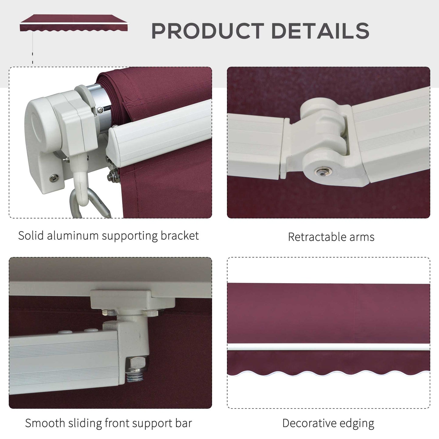 Outsunny 3 x 2.5m Manual Retractable Awning for Patio 45-75° Sun Canopy with Waterproof Fabric - Wine Red