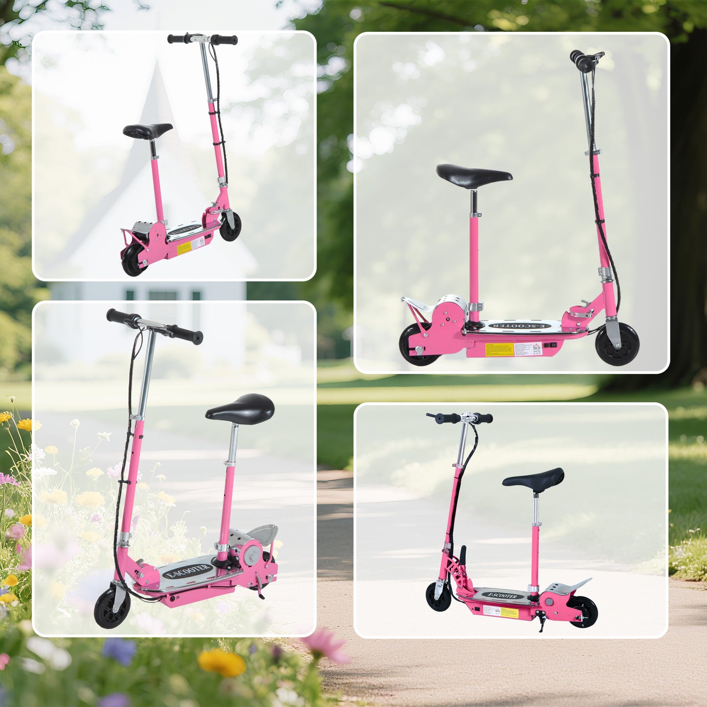 HOMCOM Foldable Powered Scooter with Adjustable Seat, Brake, Pink