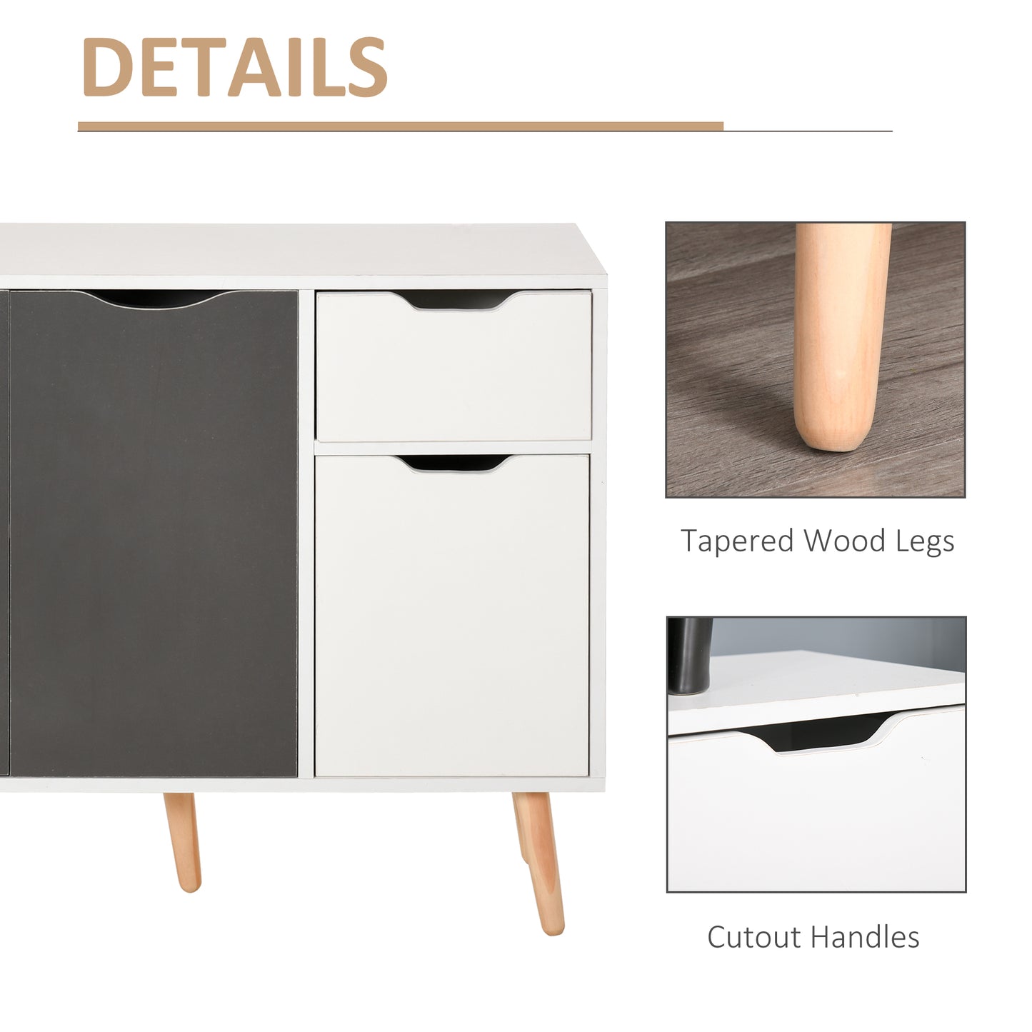 HOMCOM Sideboard Floor Standing Storage Cabinet with Drawer and Solid Wood Legs for Bedroom, Living Room, Home Office, Grey