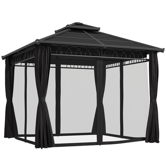 Outsunny 3 x 3 (m) Outdoor Polycarbonate Gazebo, Double Roof Hard Top Gazebo with Galvanised Steel Frame, Nettings & Curtains for Garden, Lawn, Patio and Deck, Dark Grey