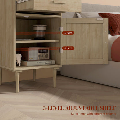HOMCOM Bedside Tables Set of 2, Rattan Side Tables with Drawer, Cabinet and Adjustable Shelf, Boho Bedside Cabinets with Storage for Bedroom, Living Room, Natural Wood Finish
