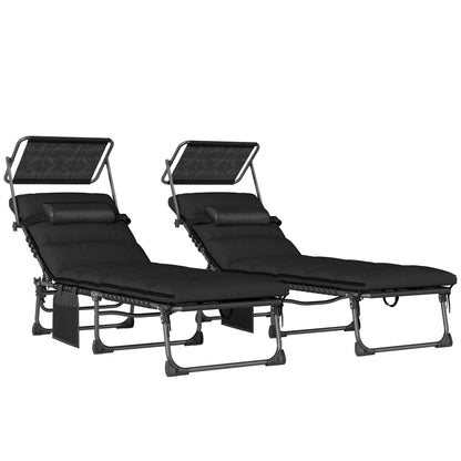 Outsunny Folding Sun Loungers Set of 2 with Canopy, Reclining Sunbed with Cushion, Side Pocket, Carrying Handle, Black