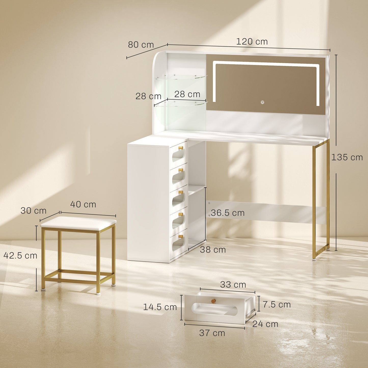 HOMCOM Dressing Table with LED Mirror and Stool, L-Shaped Vanity Desk with Drawers and Shelves, White