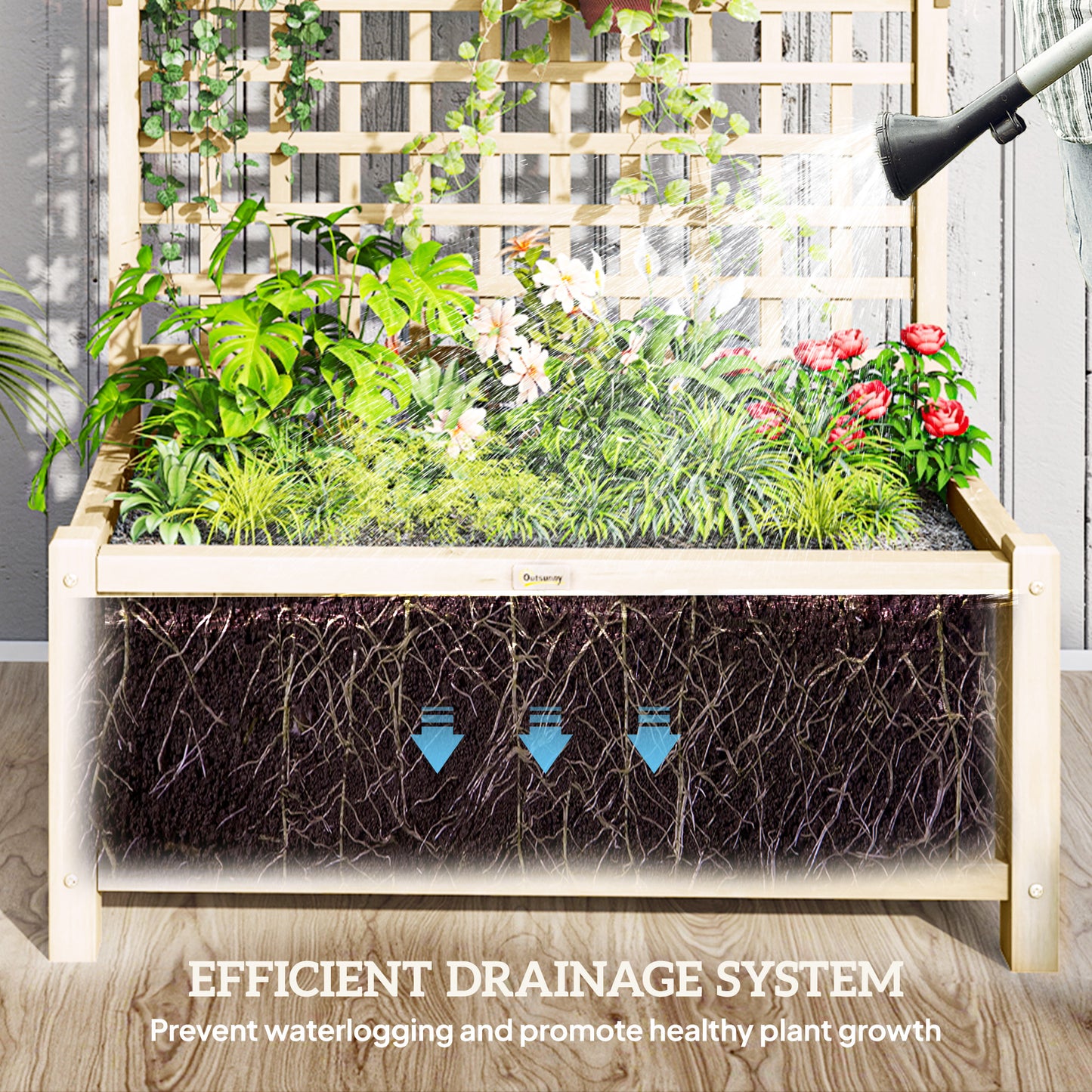 Outsunny Raised Bed with Drainage Holes, Wood Planter with Trellis for Climbing Plants to Grow Vegetables, Flowers, Natural