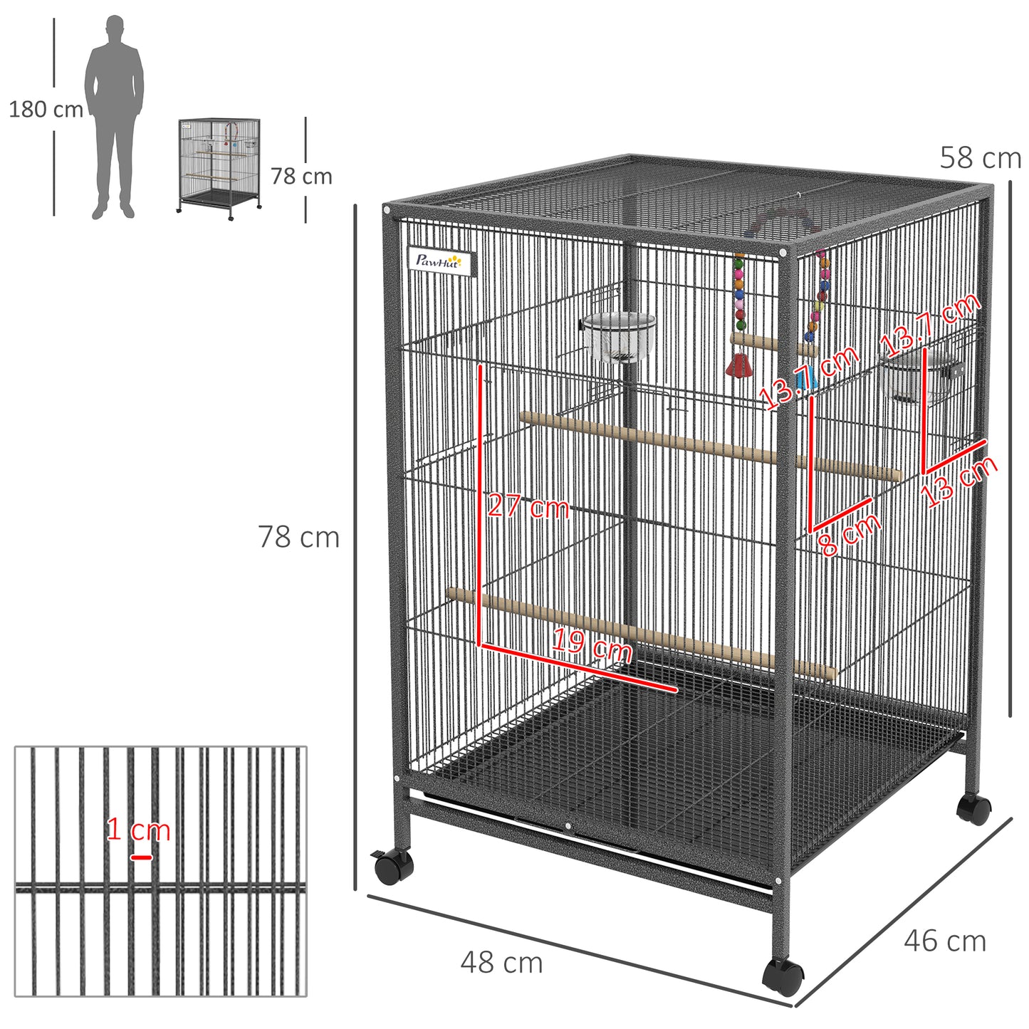 PawHut Bird Cage, Budgie Cage, with Rolling Stand, for Small Birds - Grey
