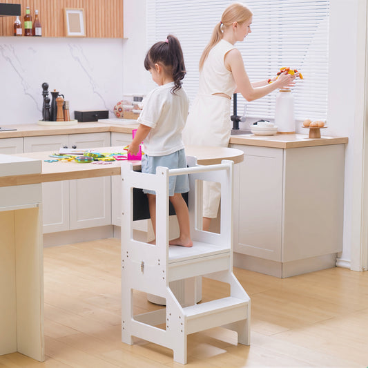 HOMCOM Toddler Step Stool for Kids, 2 in 1 Foldable Step Stool with Security Rail and Chalkboard for Kitchen Bathroom, White