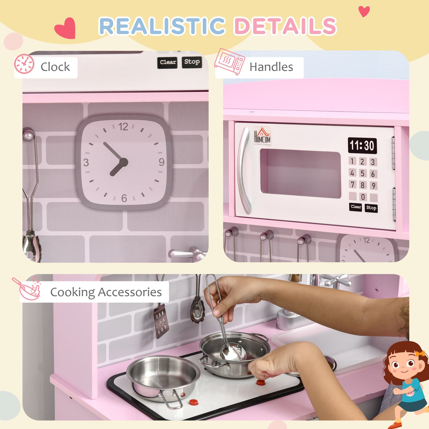 HOMCOM Kids Kitchen Playset, with Lights, Sounds, Microwave, Sink and Storage - Pink--ChewyGames-ChewyGames