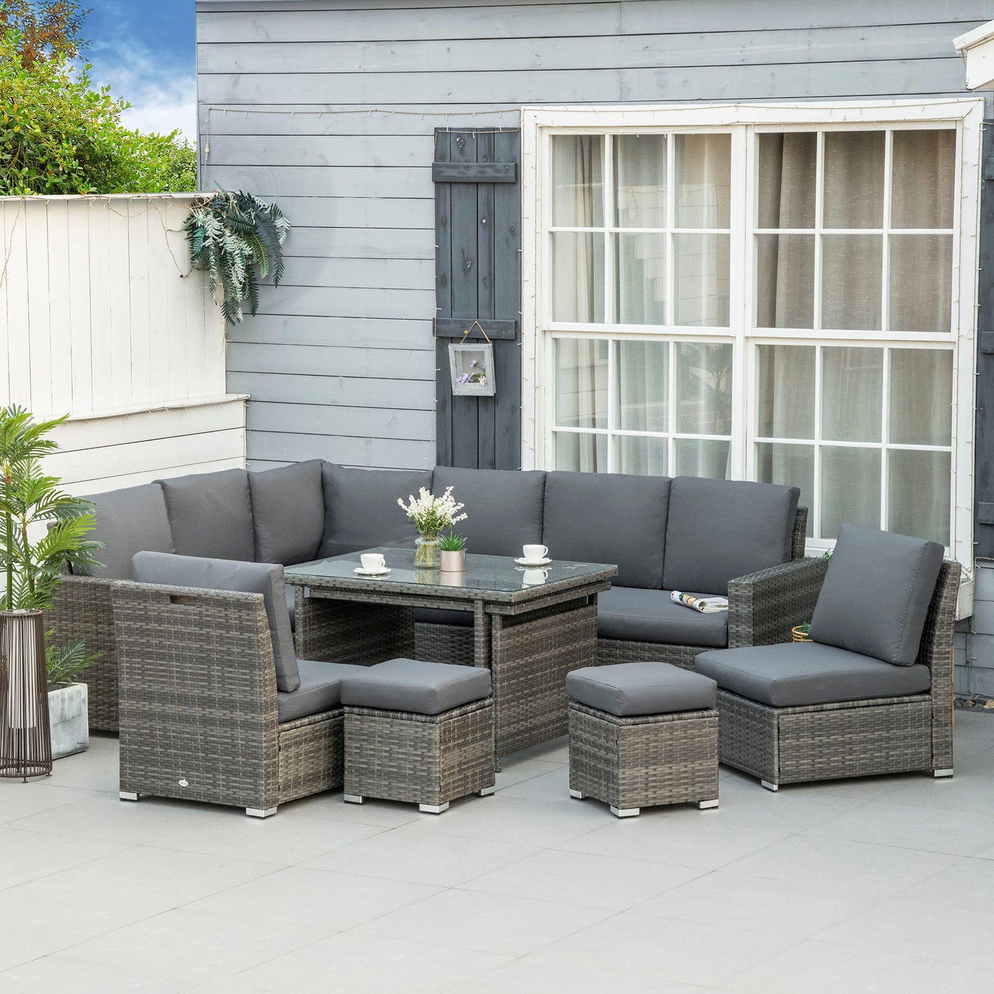 Outsunny Seven-Piece Rattan Garden Sofa Set, with Expanding Table - Grey--ChewyGames-ChewyGames