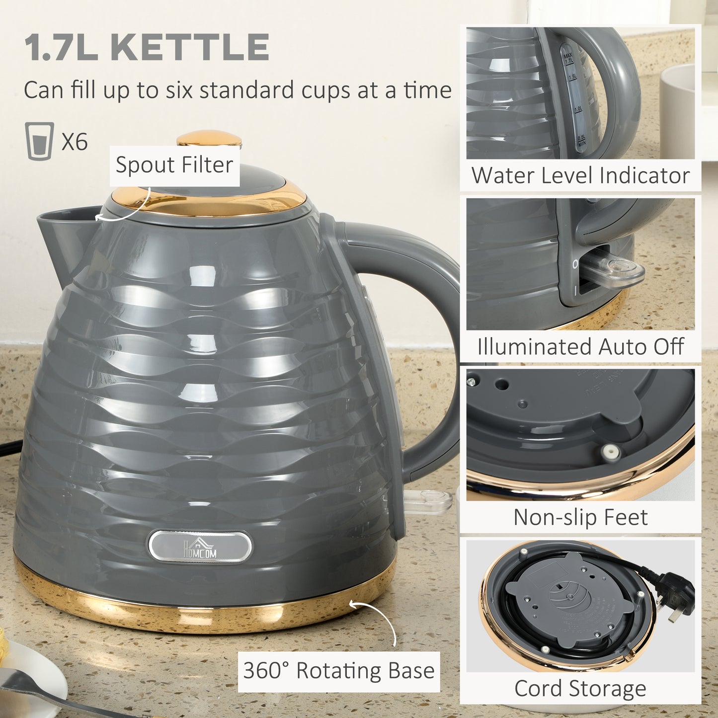 HOMCOM Kettle and Toaster Sets, 3000W 1.7L Rapid Boil Kettle & 4 Slice Toaster with 7 Browning Controls, Defrost, Reheat and Crumb Tray, UK Otter thermostat, Grey