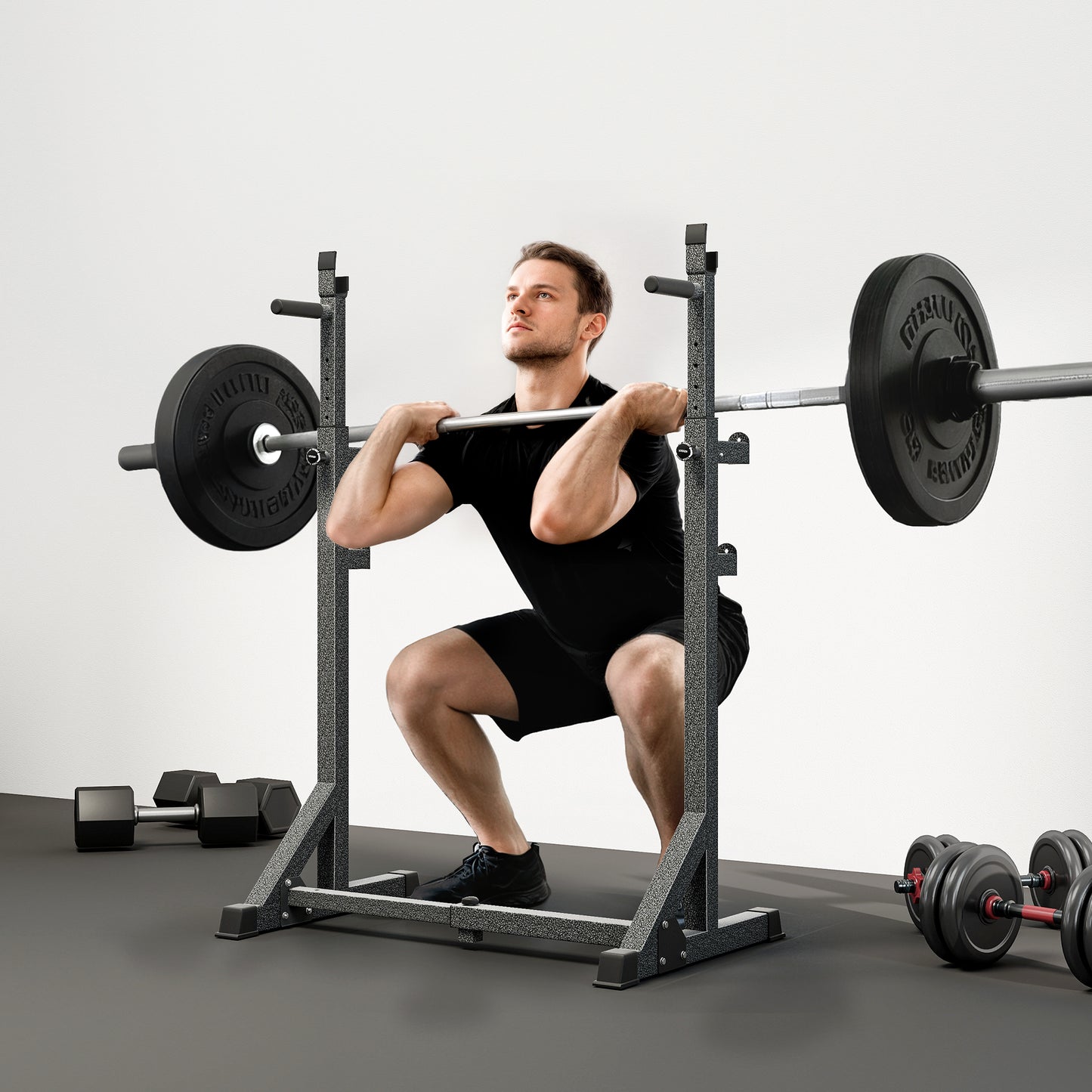 SPORTNOW Heavy Duty Barbell Squat Rack, Adjustable and Multifunctional Weight Power Stand, for Home, Gym - Black
