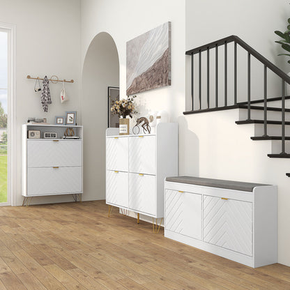HOMCOM 12 Shoe Storage Cabinet with Chevron Indents and Gold Tone Accents - White