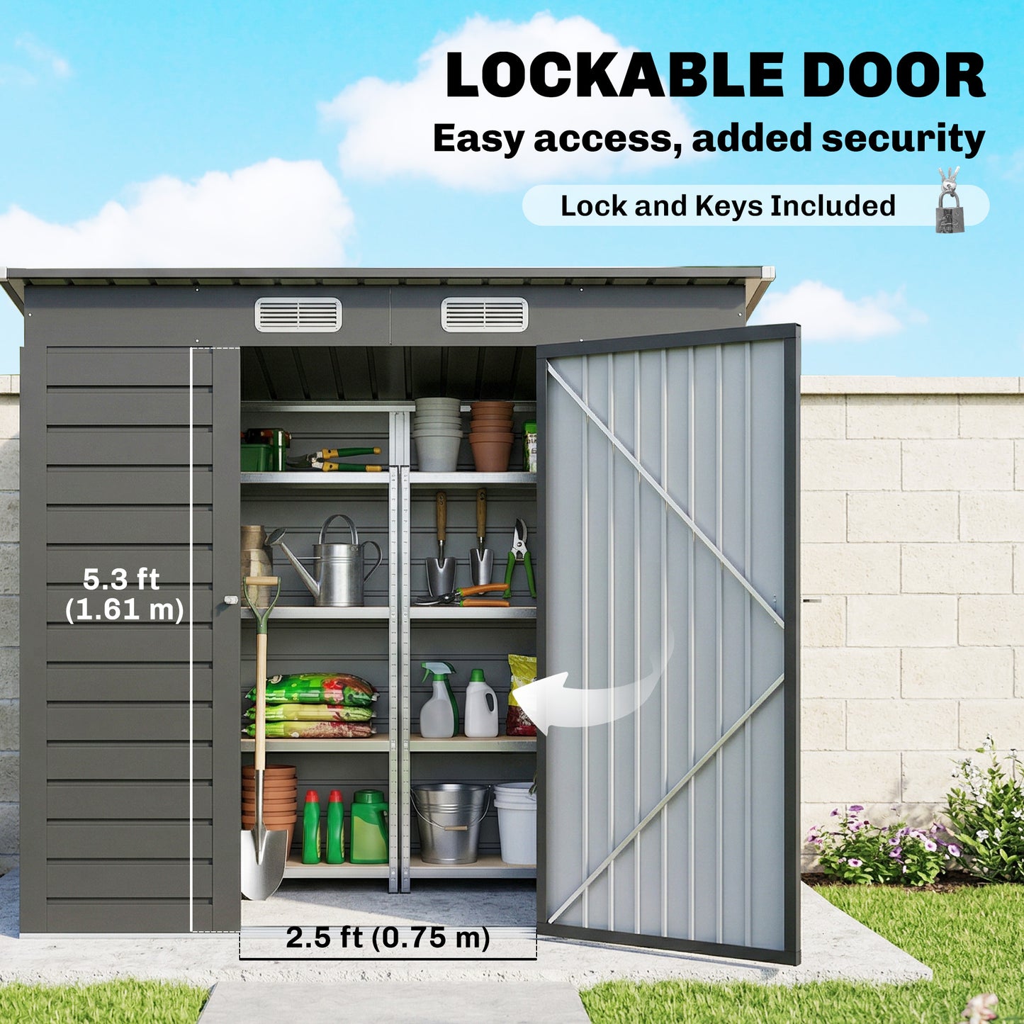 Outsunny 4 x 6ft Galvanised Metal Garden Shed, with Locking Door - Grey