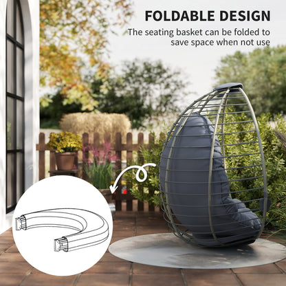Outsunny PE Rattan Swing Chair, Outdoor Hanging Chair with Metal Stand, Thick Padded Cushion, Foldable Basket and Cup Holder, for Indoor and Outdoor, Grey